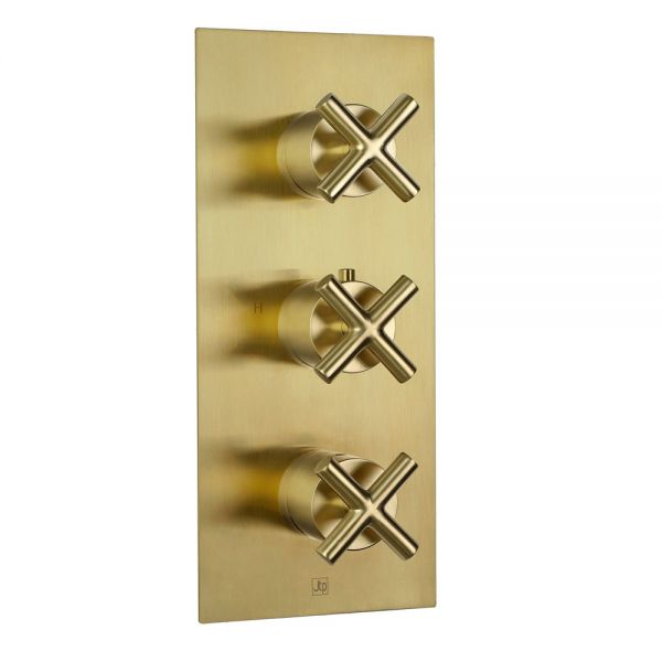 JTP Solex Brushed Brass Vertical Two Outlet Three Handle Thermostatic Shower Valve