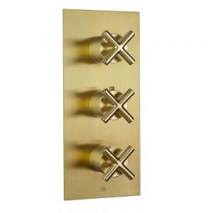 JTP Solex Brushed Brass Vertical Two Outlet Three Handle Thermostatic Shower Valve
