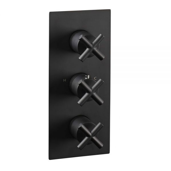 JTP Solex Matt Black Vertical Two Outlet Three Handle Thermostatic Shower Valve
