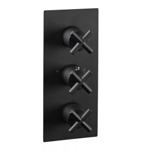JTP Solex Matt Black Vertical Two Outlet Three Handle Thermostatic Shower Valve