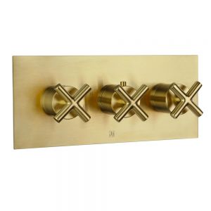 JTP Solex Brushed Brass Horizontal Three Outlet Thermostatic Shower Valve
