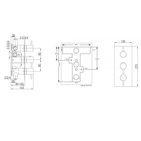 JTP Curve Chrome Vertical Three Outlet Thermostatic Shower Valve #2