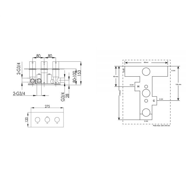 JTP Curve Chrome Horizontal Three Outlet Thermostatic Shower Valve #2
