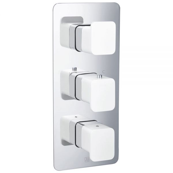 JTP Axel Chrome Vertical Two Outlet Three Handle Thermosttic Shower Valve with Matt White Handle