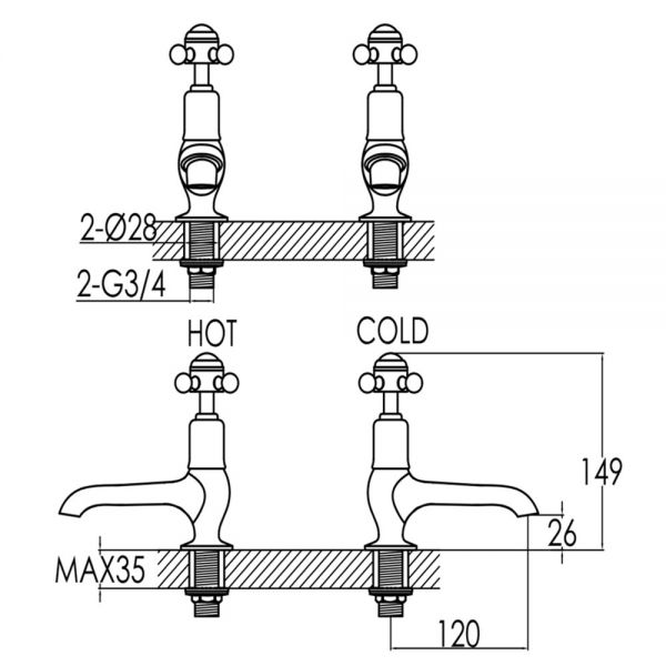 JTP Grosvenor Cross Antique Brass Long Nose Basin Pillar Taps #2
