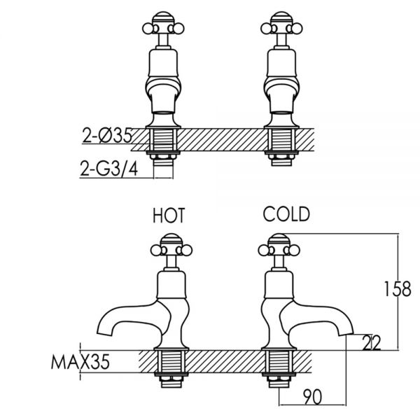 JTP Grosvenor Cross Chrome Bath Pillar Taps #2
