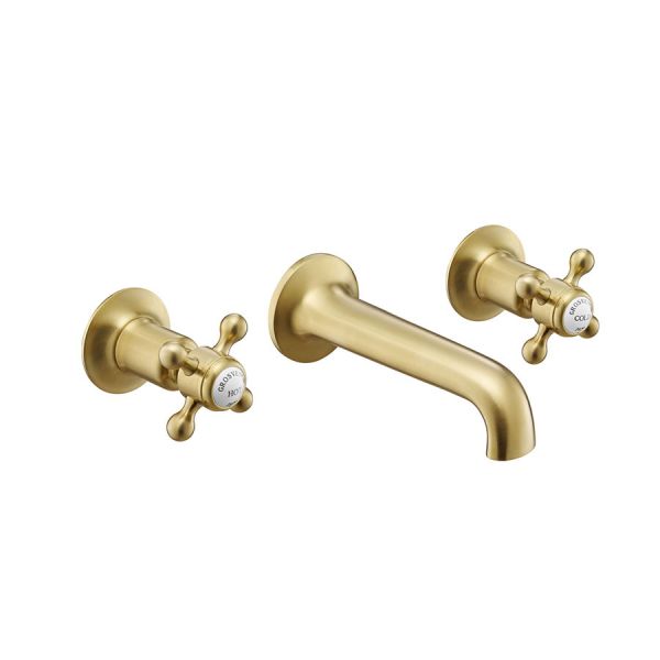 JTP Grosvenor Cross Brushed Brass 3 Hole Wall Mounted Basin Mixer Tap