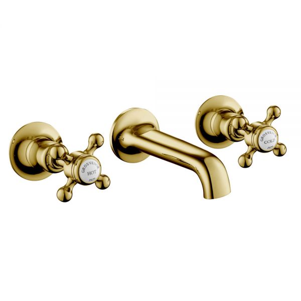 JTP Grosvenor Cross Antique Brass 3 Hole Wall Mounted Basin Mixer Tap