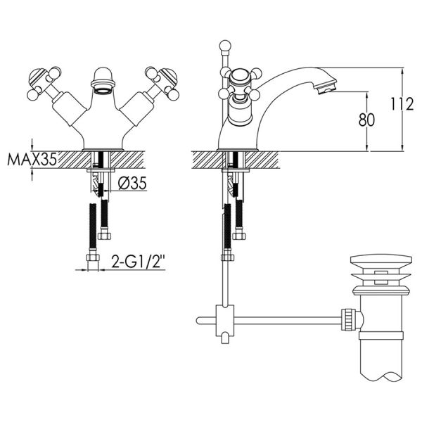 JTP Grosvenor Cross Brushed Brass Basin Mixer Tap with Pop Up Waste #2