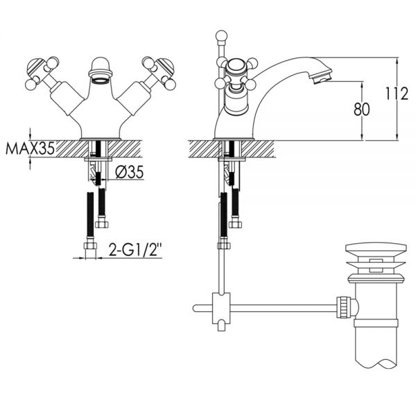 JTP Grosvenor Cross Antique Brass Basin Mixer Tap with Pop Up Waste #2