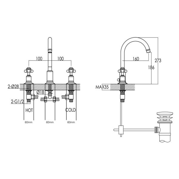 JTP Grosvenor Cross Brushed Brass 3 Hole Basin Mixer Tap with Pop Up Waste #2