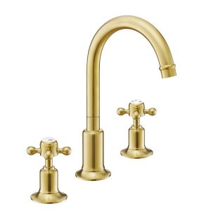 JTP Grosvenor Cross Brushed Brass 3 Hole Basin Mixer Tap with Pop Up Waste