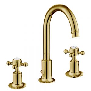 JTP Grosvenor Cross Antique Brass 3 Hole Basin Mixer Tap with Pop Up Waste