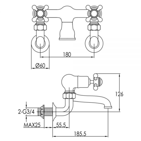 JTP Grosvenor Cross Chrome Wall Mounted Bath Filler Tap #2