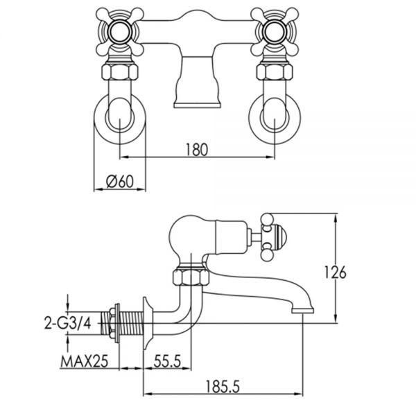 JTP Grosvenor Cross Antique Brass Wall Mounted Bath Filler Tap #2