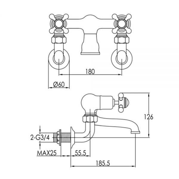 JTP Grosvenor Cross Nickel Wall Mounted Bath Filler Tap #2
