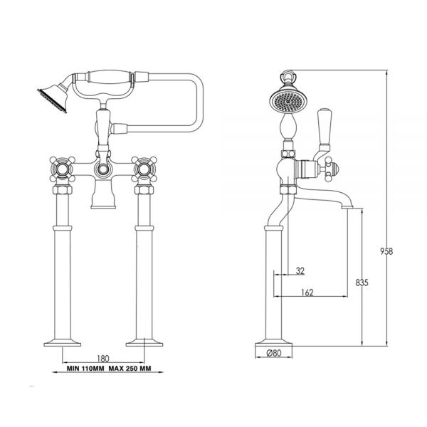 JTP Grosvenor Cross Chrome Floor Standing Bath Shower Mixer Tap #2