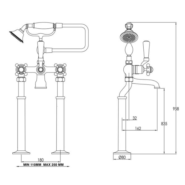 JTP Grosvenor Cross Brushed Brass Floor Standing Bath Shower Mixer Tap #2