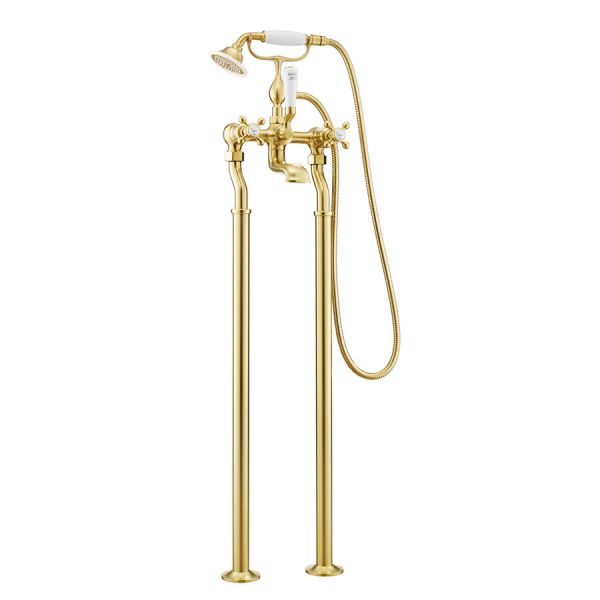 JTP Grosvenor Cross Brushed Brass Floor Standing Bath Shower Mixer Tap