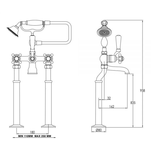 JTP Grosvenor Cross Antique Brass Floor Standing Bath Shower Mixer Tap