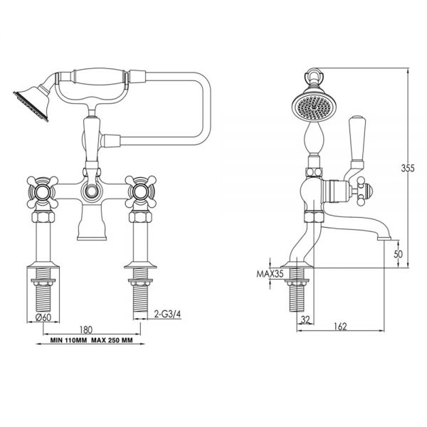 JTP Grosvenor Cross Antique Brass Deck Mounted Bath Shower Mixer Tap #2