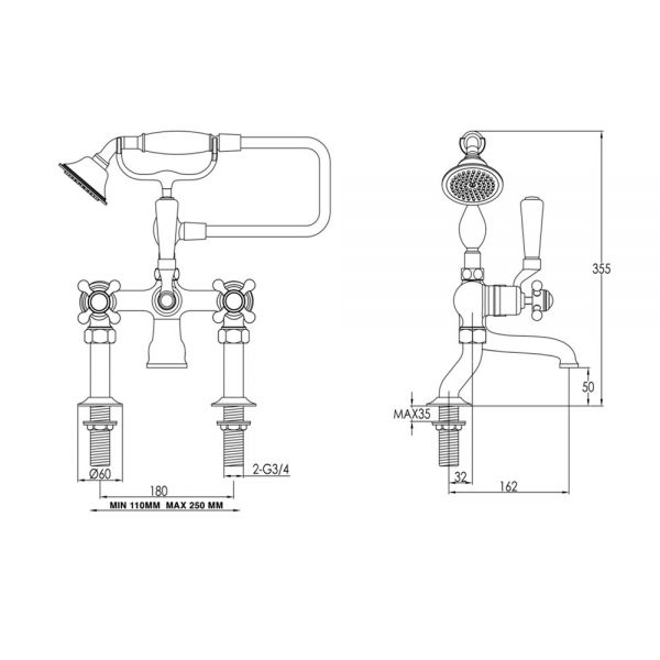 JTP Grosvenor Cross Nickel Deck Mounted Bath Shower Mixer Tap #2