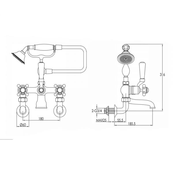 JTP Grosvenor Cross Chrome Wall Mounted Bath Shower Mixer Tap #2