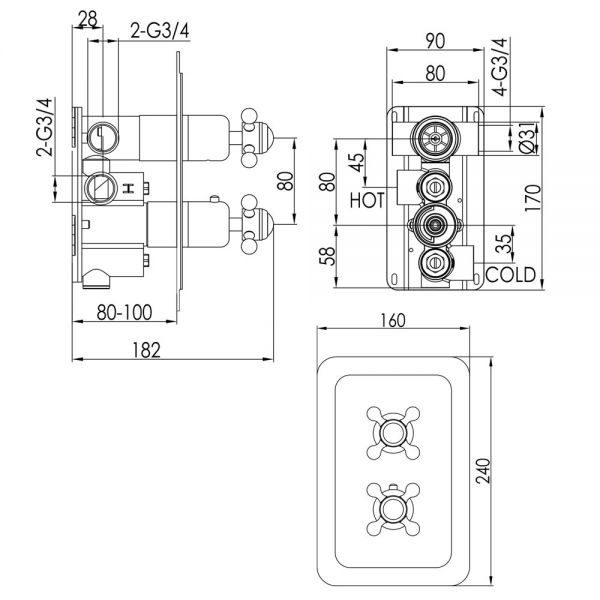 JTP Grosvenor Cross Nickel Two Outlet Thermostatic Shower Valve #2
