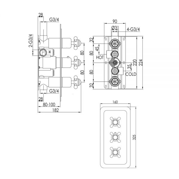 JTP Grosvenor Cross Antique Brass Vertical Two Outlet Three Handle Thermostatic Shower Valve #2