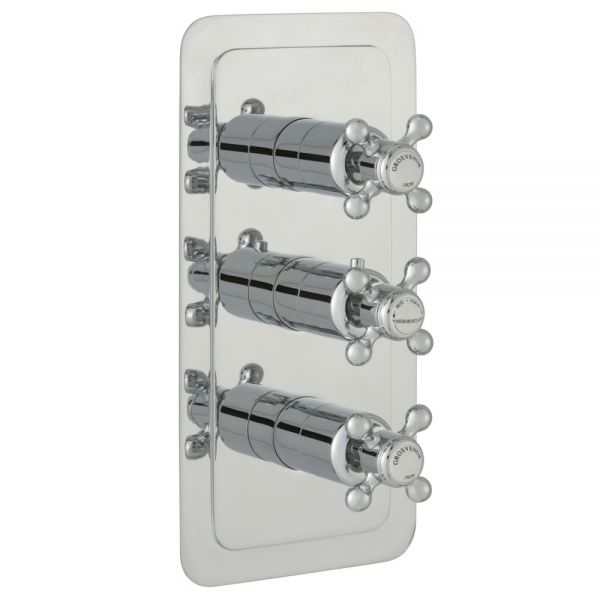 JTP Grosvenor Cross Chrome Vertical Two Outlet Three Handle Thermostatic Shower Valve