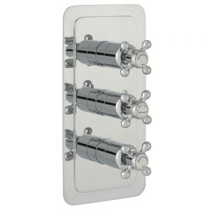 JTP Grosvenor Cross Chrome Vertical Two Outlet Three Handle Thermostatic Shower Valve