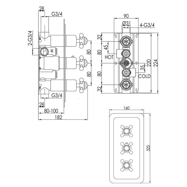 JTP Grosvenor Cross Brushed Brass Vertical Two Outlet Three Handle Thermostatic Shower Valve #2