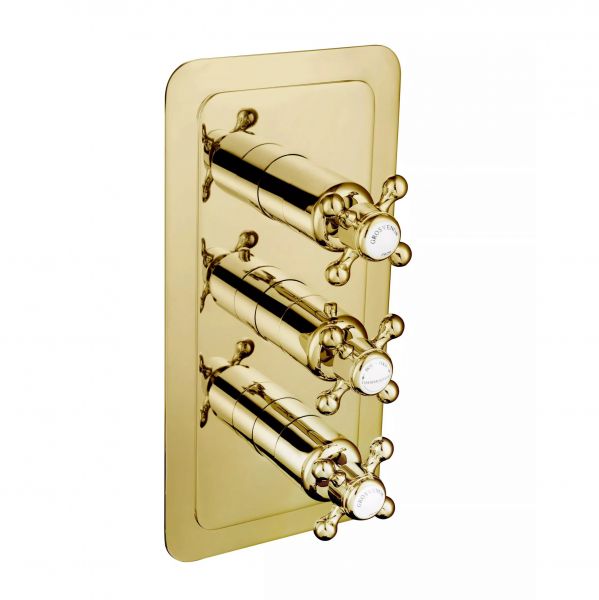 JTP Grosvenor Cross Antique Brass Vertical Two Outlet Three Handle Thermostatic Shower Valve