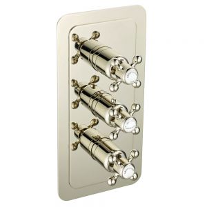 JTP Grosvenor Cross Nickel Vertical Two Outlet Three Handle Thermostatic Shower Valve