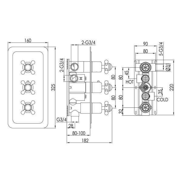 JTP Grosvenor Cross Brushed Brass Vertical Three Outlet Thermostatic Shower Valve #2