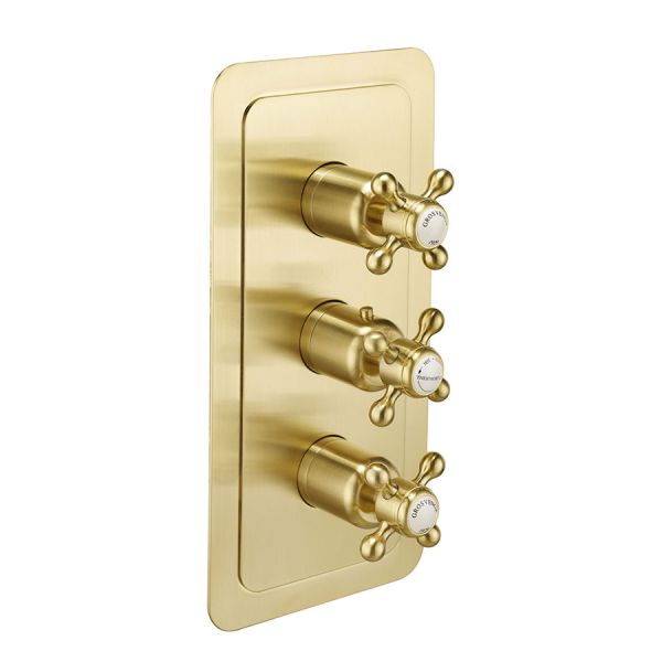JTP Grosvenor Cross Brushed Brass Vertical Three Outlet Thermostatic Shower Valve