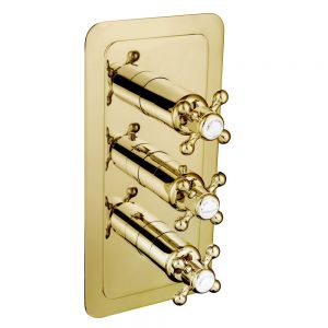 JTP Grosvenor Cross Antique Brass Vertical Three Outlet Thermostatic Shower Valve