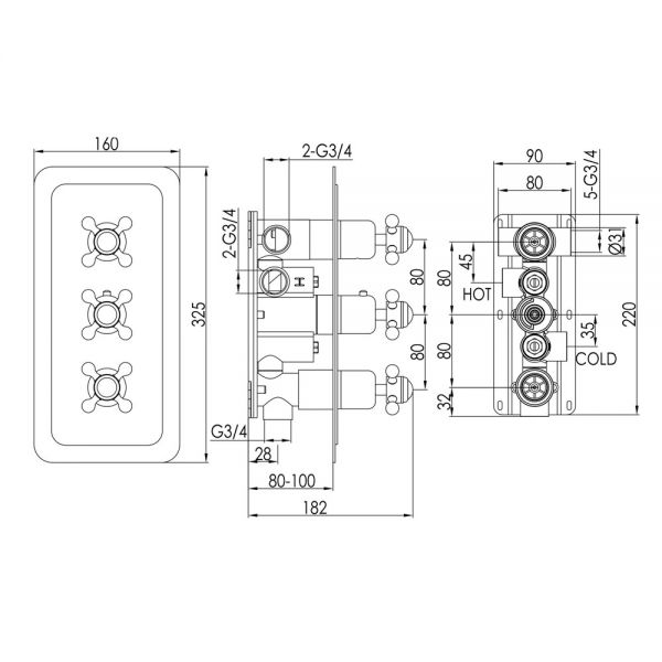 JTP Grosvenor Cross Nickel Vertical Three Outlet Thermostatic Shower Valve #2