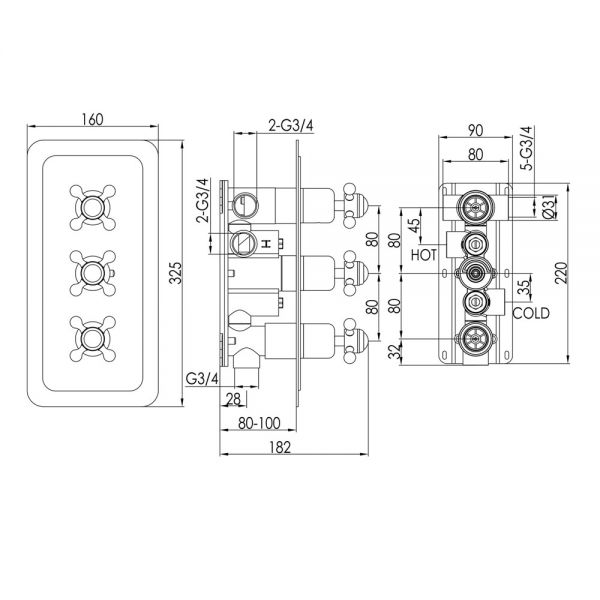 JTP Grosvenor Cross Chrome Horizontal Three Outlet Thermostatic Shower Valve #2