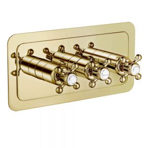 JTP Grosvenor Cross Antique Brass Horizontal Three Outlet Thermostatic Shower Valve