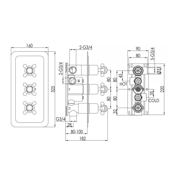 JTP Grosvenor Cross Nickel Horizontal Three Outlet Thermostatic Shower Valve #2