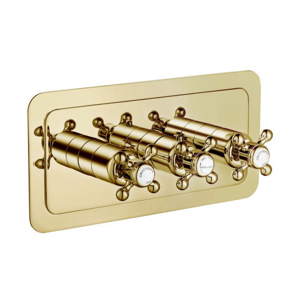 JTP Grosvenor Cross Antique Brass Horizontal Two Outlet Thermostatic Shower Valve