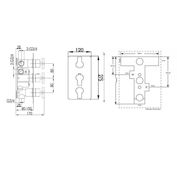 JTP Amore Chrome Vertical Three Outlet Thermostatic Shower Valve #2