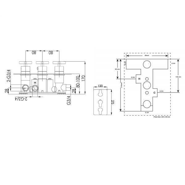 JTP Amore Chrome Horizontal Three Outlet Thermostatic Shower Valve #2