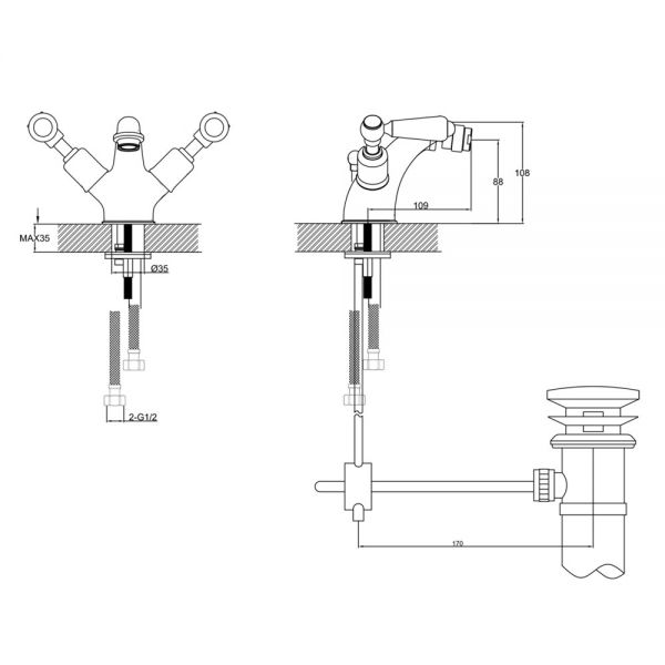 JTP Grosvenor Lever Antique Brass Bidet Mixer Tap with Pop Up Waste #2