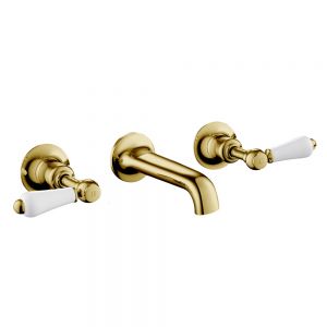 JTP Grosvenor Lever Antique Brass 3 Hole Wall Mounted Basin Mixer Tap