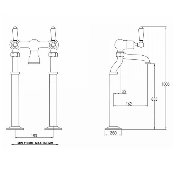 JTP Grosvenor Lever Antique Brass Floor Standing Bath Filler Tap #2