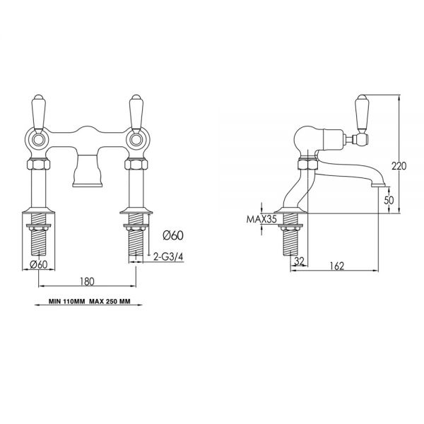 JTP Grosvenor Lever Antique Brass Deck Mounted Bath Filler Tap #2