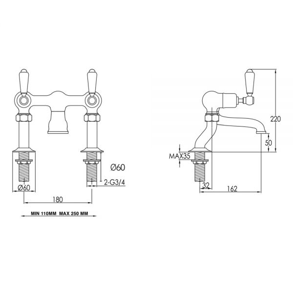 JTP Grosvenor Lever Nickel Deck Mounted Bath Filler Tap #2