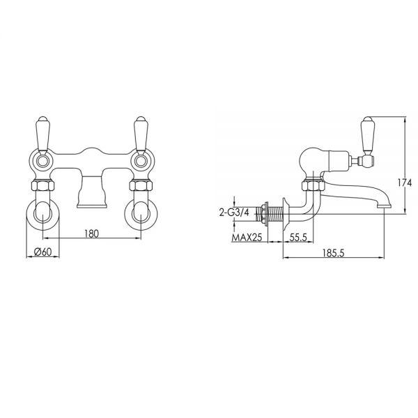 JTP Grosvenor Lever Antique Brass Wall Mounted Bath Filler Tap #2